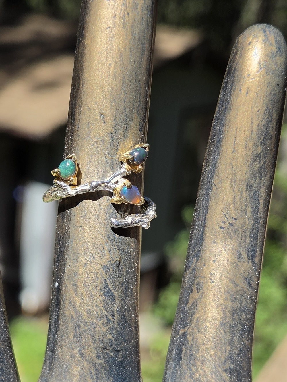 Opal Accent Branch Vine Sterling & Gold Ring Sz6.5 Adjustable - Picture 5 of 9